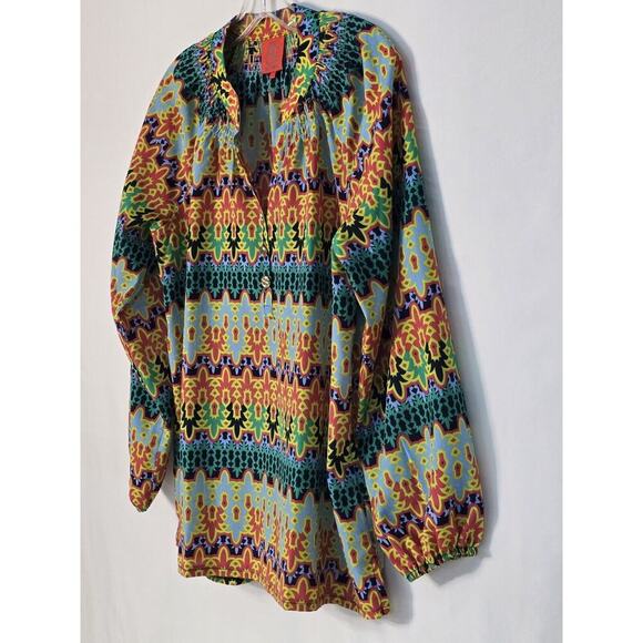 Tracy Negoshian Multicolor Split Neck Long Sleeve Aztec Pattern Banded Cuff Top - Picture 2 of 6